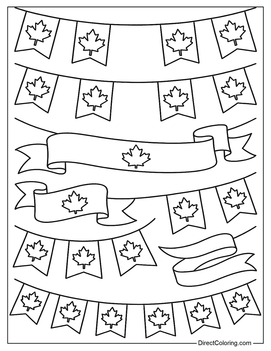 A coloring page of flags, ribbons, and hanging strings with the theme maple leaves hanging all over the page